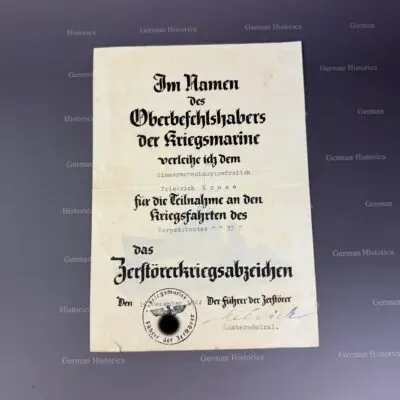 Kriegsmarine Dokument Zerstörer Kriegsabzeichen Ankauf Kiel07